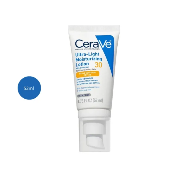 CeraVe Ultra-Light SPF 30 Moisturizing Lotion for oily skin in a 52ml tube with matte finish.