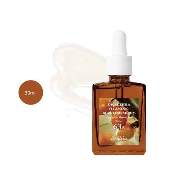 Dr. Althea 63% Vitamin C Boosting Serum 30ml amber bottle with gel smear.