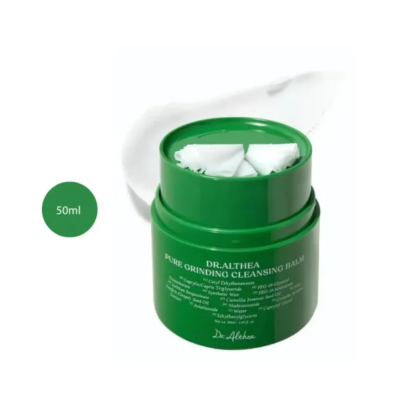 Dr. Althea Pure Grinding Cleansing Balm 50ml green jar with shaved balm texture.