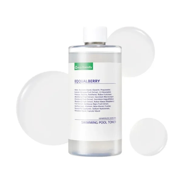 EQQUALBERRY Swimming Pool Daily Facial Toner with liquid drops background.