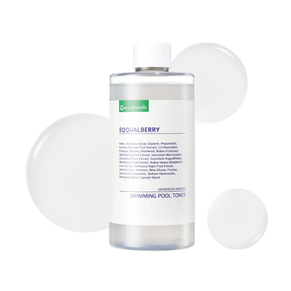 EQQUALBERRY Swimming Pool Daily Facial Toner with liquid drops background.