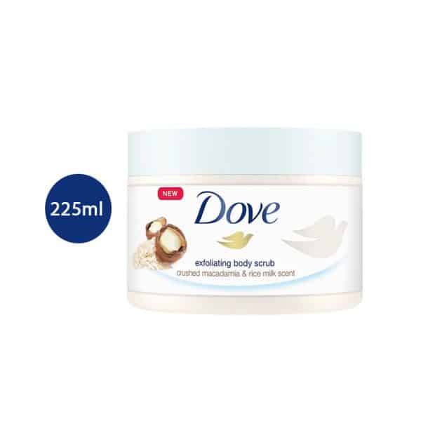 Dove Crushed Macadamia & Rice Milk Exfoliating Body Scrub 225ml white jar with blue and gold text.