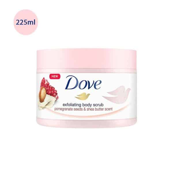 Dove Exfoliating Body Scrub Pomegranate & Shea Butter 225ml light pink jar with fruit graphics.