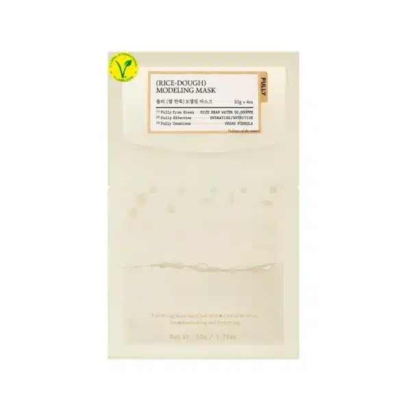 Fully (Rice-Dough) Modeling Mask 50g cream and beige packaging with yellow vegan logo.