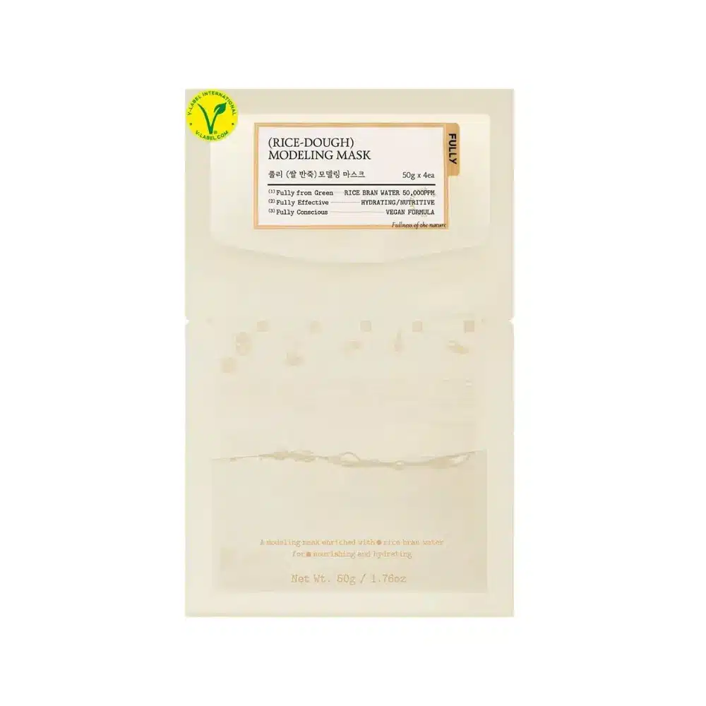 Fully (Rice-Dough) Modeling Mask 50g cream and beige packaging with yellow vegan logo.