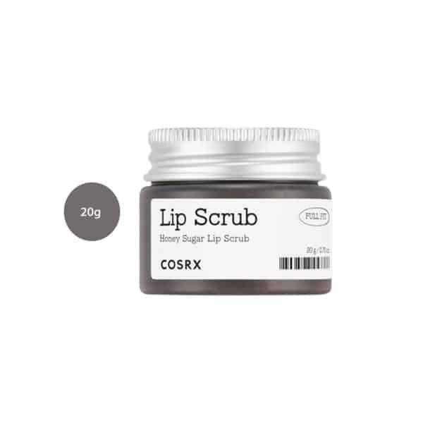 COSRX Full Fit Honey Sugar Lip Scrub 20g dark jar with white label and silver lid.