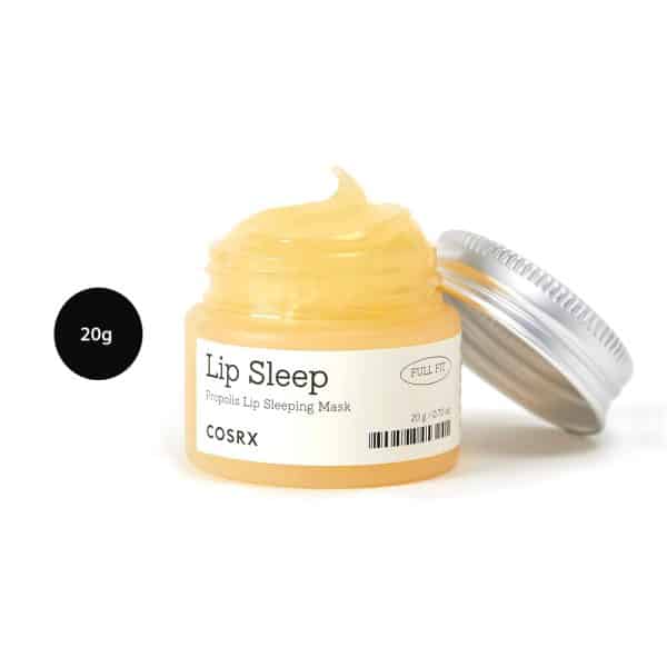COSRX Full Fit Propolis Lip Sleep Mask in a 20g amber jar with yellow balm and silver cap.