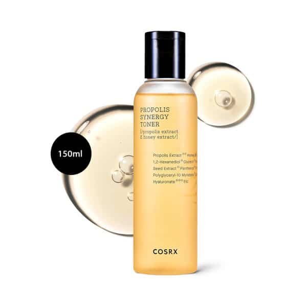 COSRX Propolis Synergy Toner 150ml clear bottle with golden liquid and black cap.