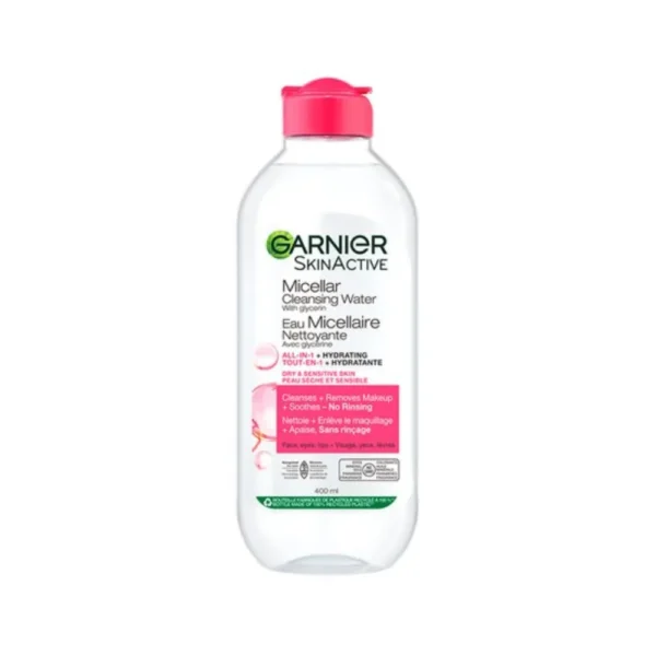 Garnier Skin Active Micellar Cleansing Water clear bottle with pink flip cap.