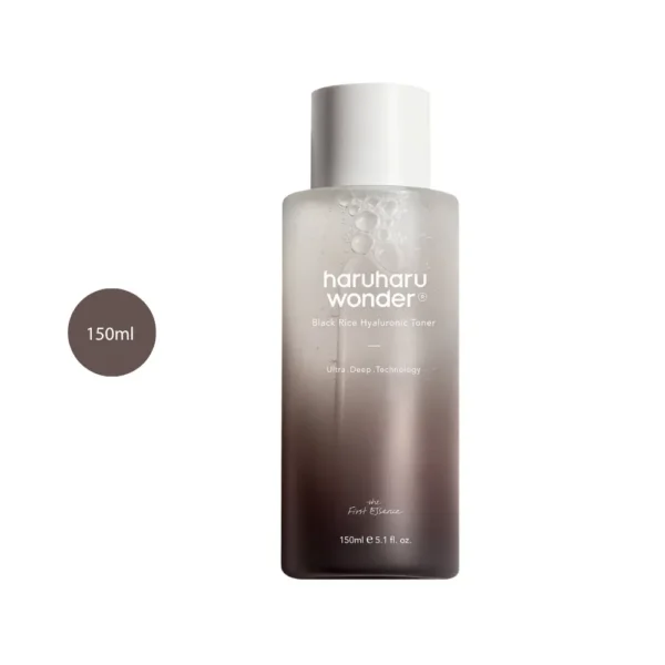 Haruharu Wonder Black Rice Hyaluronic Toner 150ml frosted brown gradient bottle with white cap.