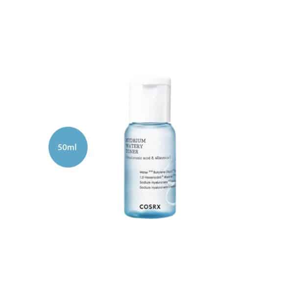 COSRX Hydrium Watery Toner 50ml travel-sized clear blue bottle with a white flip-top cap.
