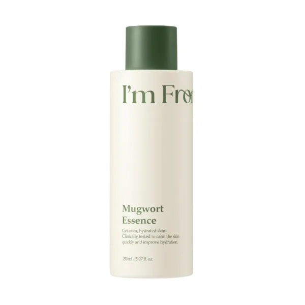 I'm From Mugwort Essence cream-colored bottle with green cap and typography.