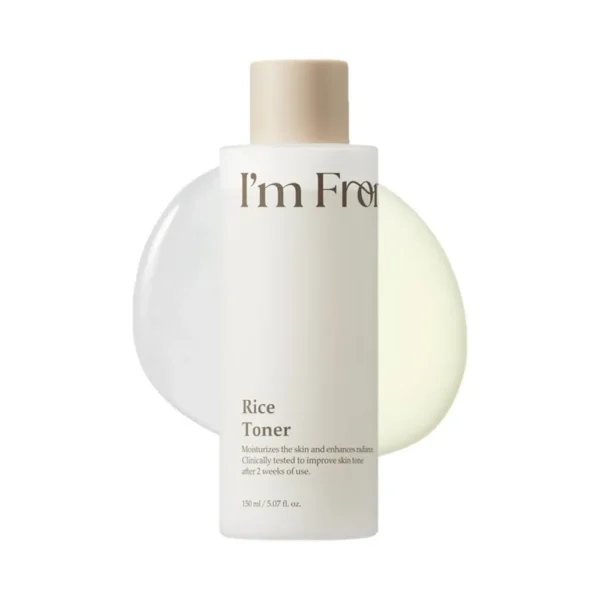 I'm From Rice Toner clear bottle with white milky toner and beige cap.