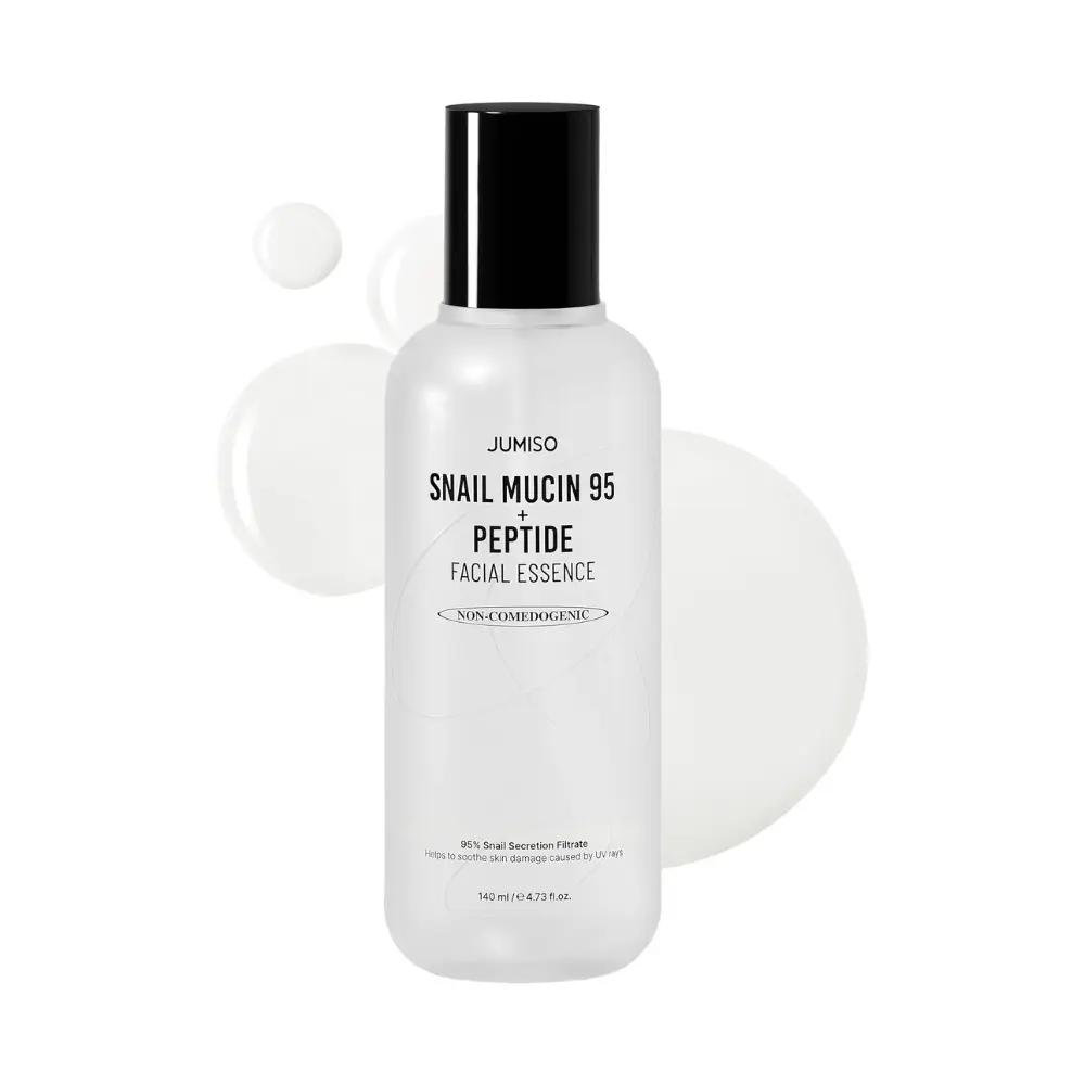 A 140ml frosted bottle of Jumiso Snail Mucin 95 + Peptide Facial Essence with a black cap.