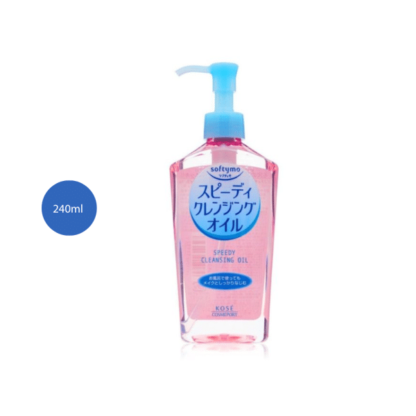 240ml bottle of Kose Softymo Speedy Cleansing Oil with a blue pump and clear pink packaging.