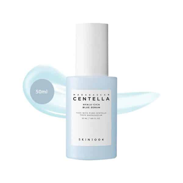 SKIN1004 Madagascar Centella Hyalu-Cica Blue Serum 50ml bottle over a blue gel liquid swatch.