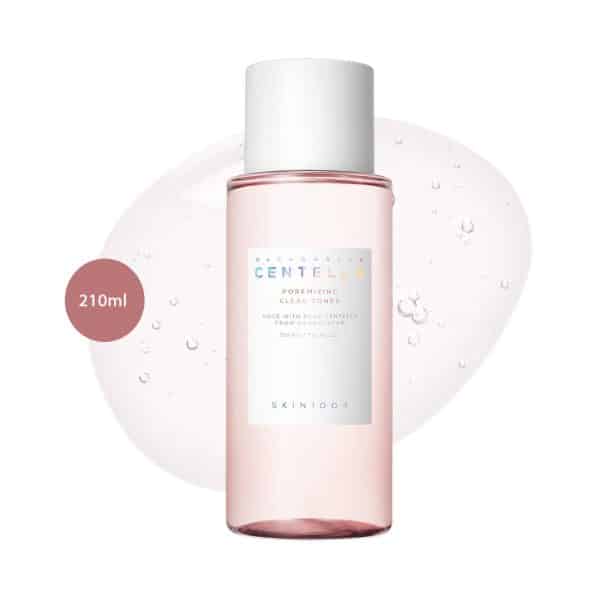 SKIN1004 Madagascar Centella Poremizing Clear Toner 210ml bottle over a bubbly liquid swatch.