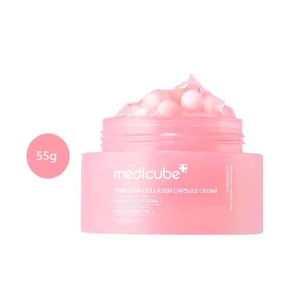 Medicube PDRN Pink Collagen Capsule Cream 55g pink jar with visible gel and capsules.