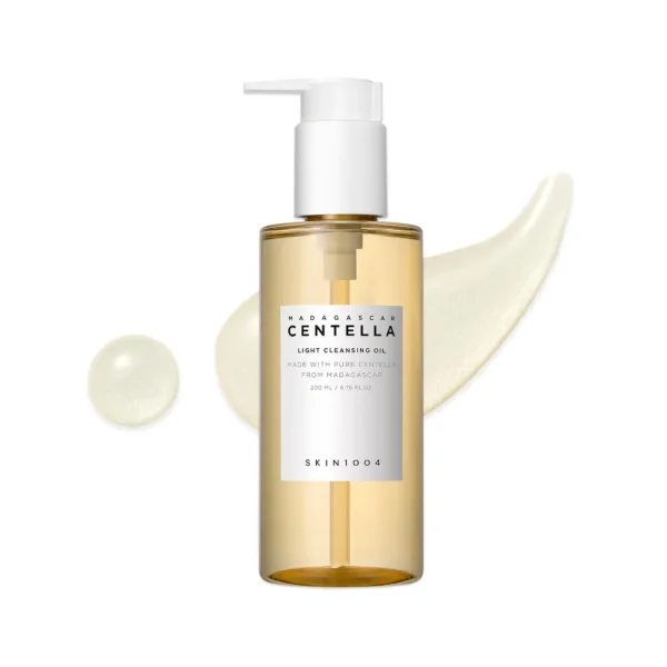 SKIN1004 Madagascar Centella Light Cleansing Oil 200ml bottle over liquid swatch.