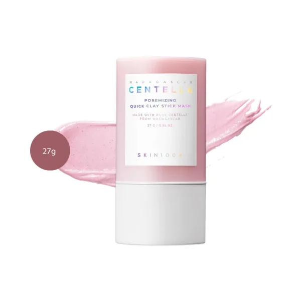 SKIN1004 Centella Poremizing Quick Clay Stick Mask 27g over pink clay swatch.