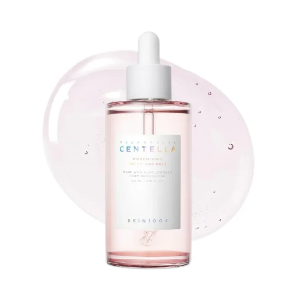 SKIN1004 Poremizing Fresh Pore Cleansing & Tightening Ampoule over pink bubbly swatch.