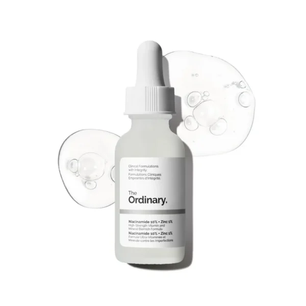 The Ordinary Niacinamide 10% + Zinc 1% clear glass dropper bottle on a white background.