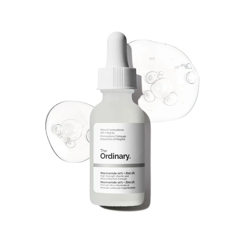 The Ordinary Niacinamide 10% + Zinc 1% clear glass dropper bottle on a white background.