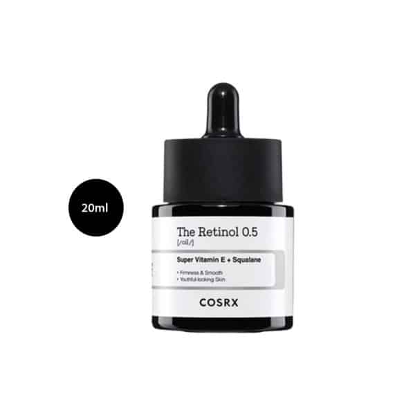 COSRX The Retinol 0.5 Oil 20ml dark glass bottle with a white label and a black dropper cap.