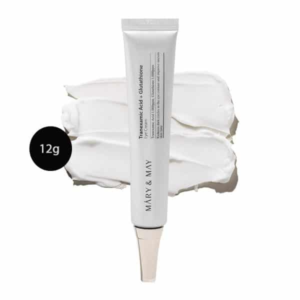 Mary & May Tranexamic Acid + Glutathione Eye Cream 12g silver tube on white cream smear.