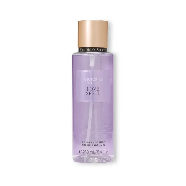 Victoria's Secret Love Spell Fragrance Mist purple spray bottle with gold cap.