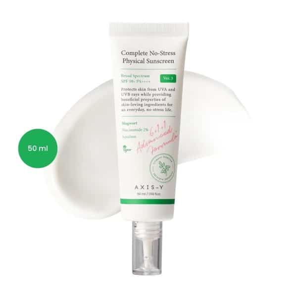AXIS-Y Complete No-Stress Physical Sunscreen 50ml tube with pump and cream smear.