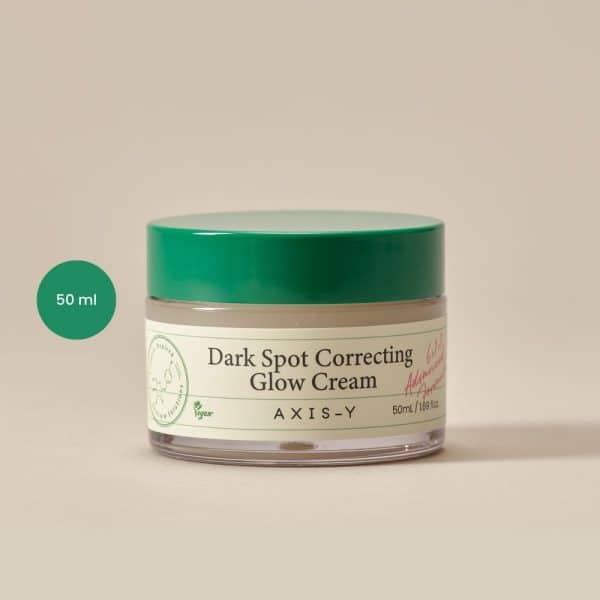 AXIS-Y Dark Spot Correcting Glow Cream 50ml jar with a green lid and clear body.
