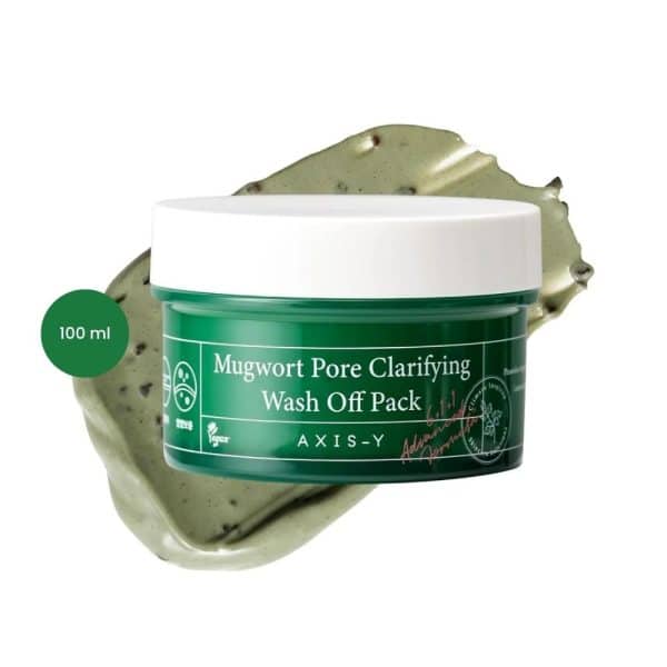AXIS-Y Mugwort Pore Clarifying Wash Off Pack 100ml green jar with textured clay smear.