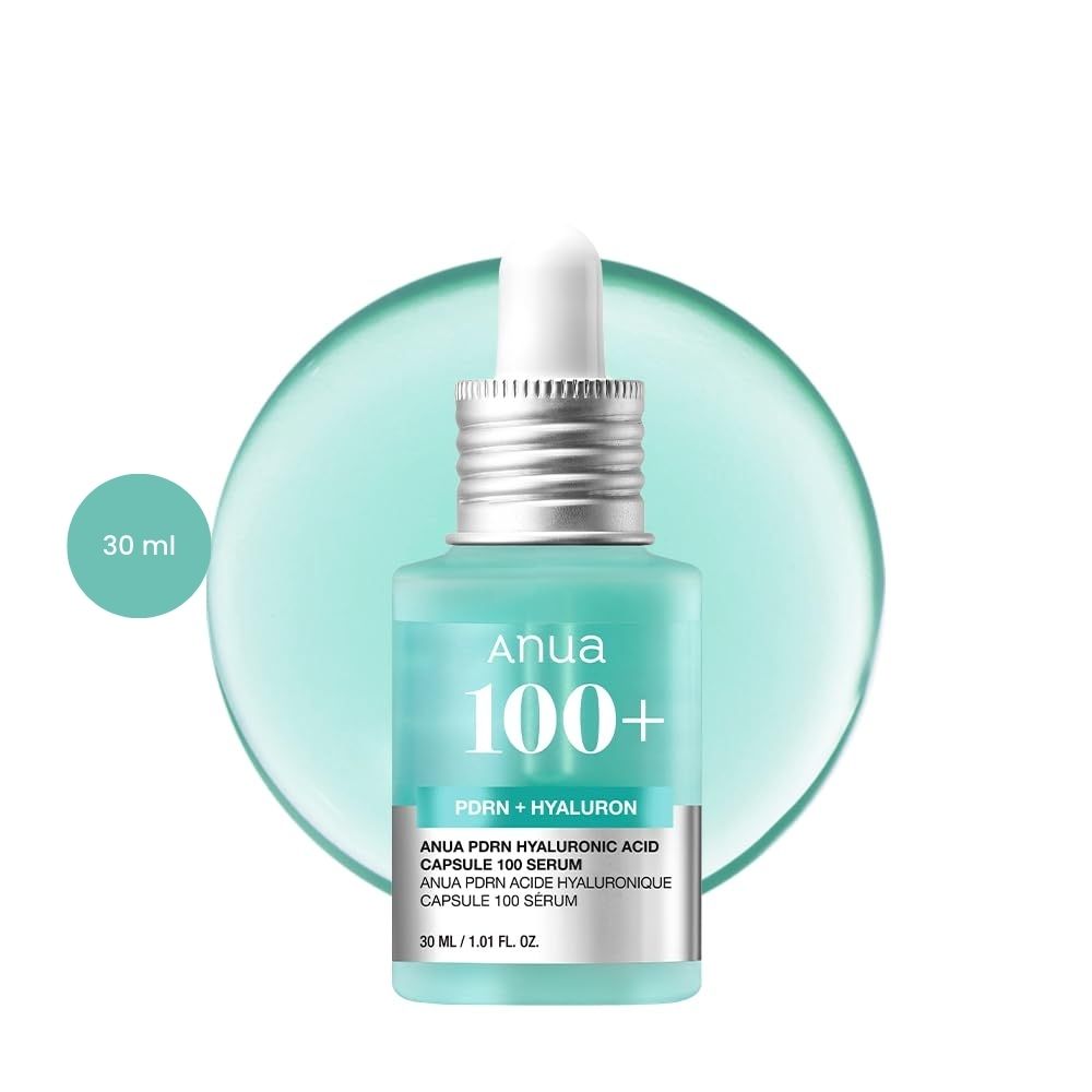 A small teal bottle of Anua PDRN Hyaluronic Acid Capsule 100 Serum with a white dropper cap.