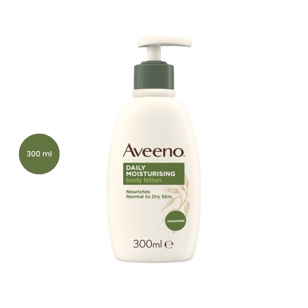 300ml white bottle of Aveeno Daily Moisturising Body Lotion with a green pump dispenser.