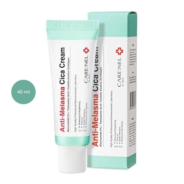 CARE:NEL Anti-Melasma Cica Cream 40ml tube and box for brightening and skin barrier.