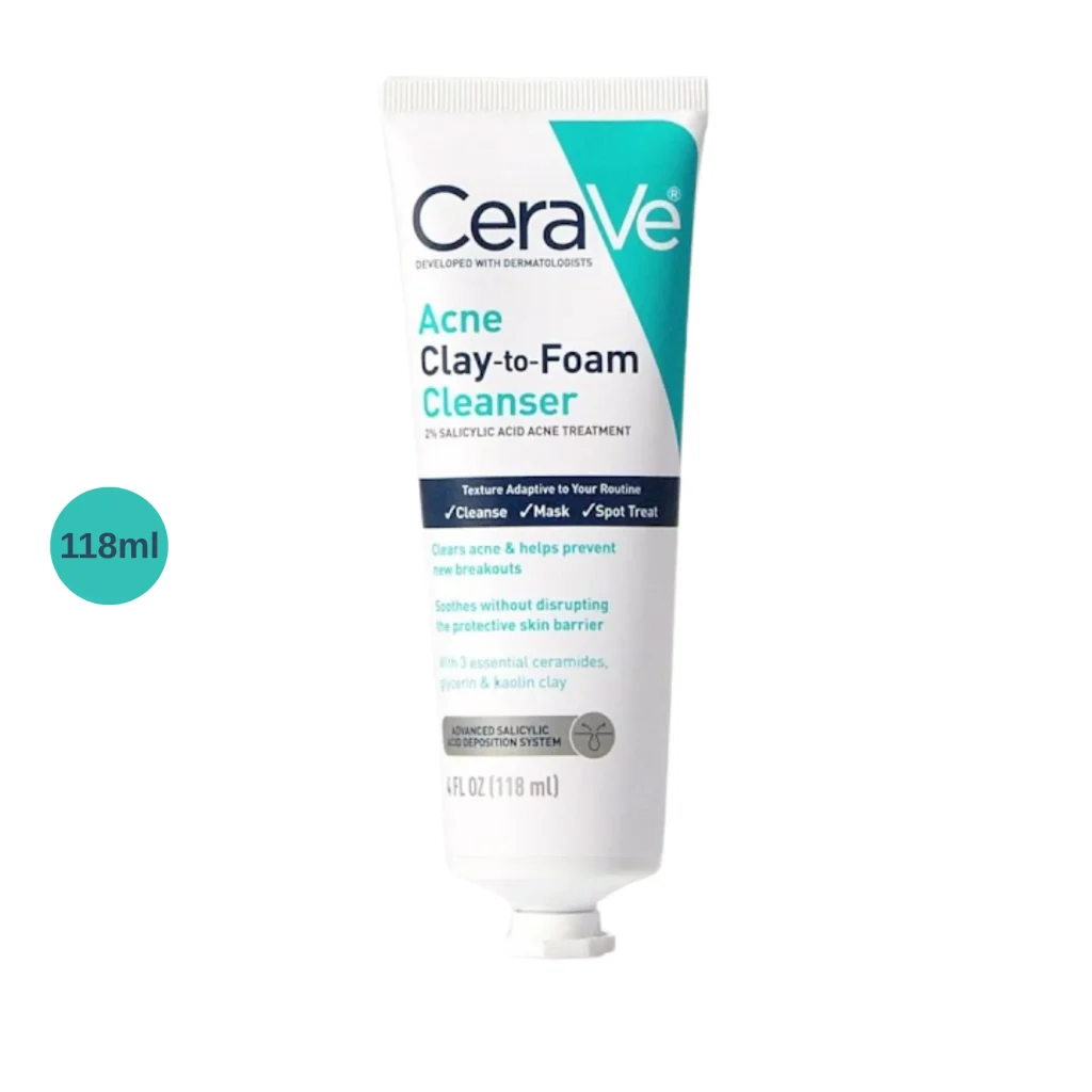 CeraVe Acne Clay-to-Foam Cleanser 118ml in white background