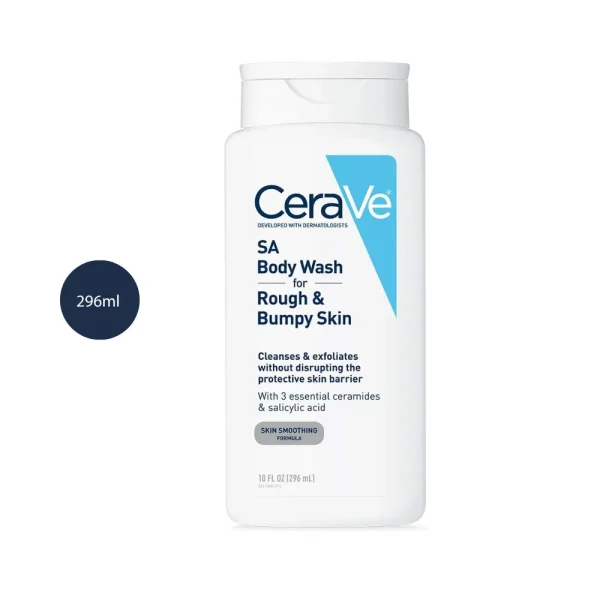 CeraVe SA Body Wash 296ml white bottle with light blue and navy text and white cap.