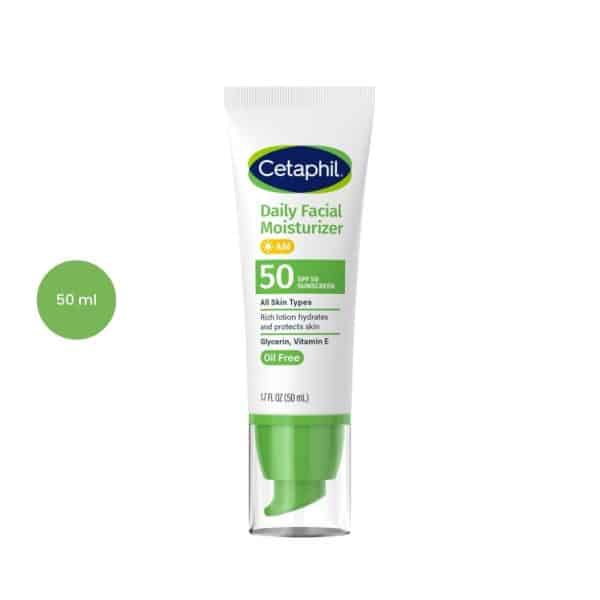 A white squeeze tube of Cetaphil Daily Facial Moisturizer with SPF 50 sunscreen and a green pump.