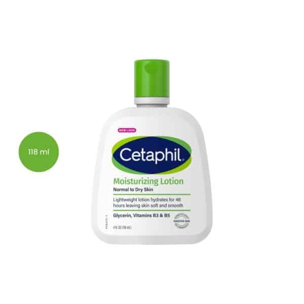A 118ml white bottle of Cetaphil Moisturizing Lotion with a green flip-top cap.
