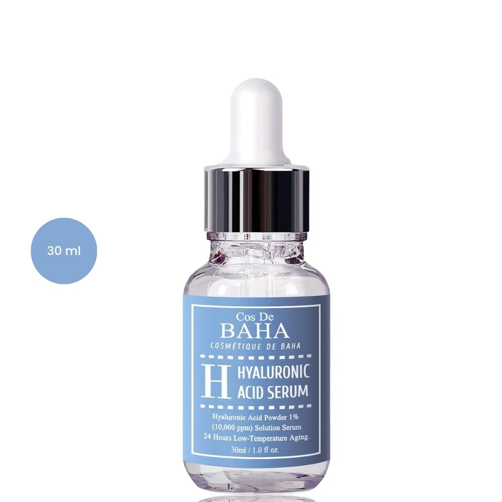 Cos De BAHA Hyaluronic Acid Serum 30ml bottle with a blue label and a white dropper cap.