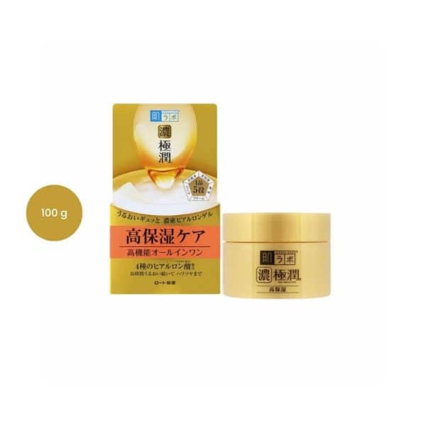 A 100g gold jar and box of Hada Labo Gokujyun Perfect Gel Moisturiser with Japanese text.