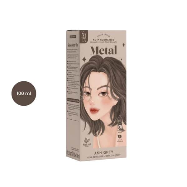 Kota Cosmetics Ash Grey hair color box with an illustrated woman and a 100ml size indicator.