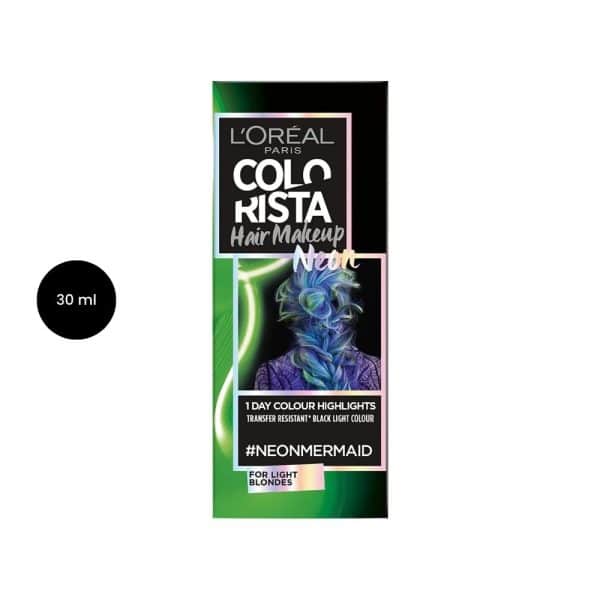 L'Oreal Colorista Hair Makeup Neon #NeonMermaid 30ml box with green-blue braided hair.
