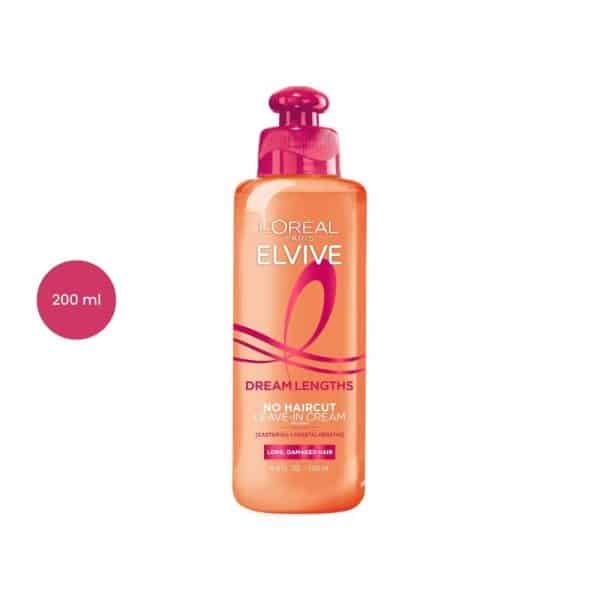 L'Oreal Elvive Dream Lengths Leave-In Cream 200ml orange bottle with a pink pump.