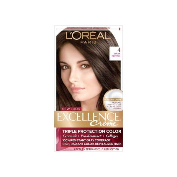L'Oréal Excellence Creme Dark Brown hair dye box featuring a woman with dark brown hair.