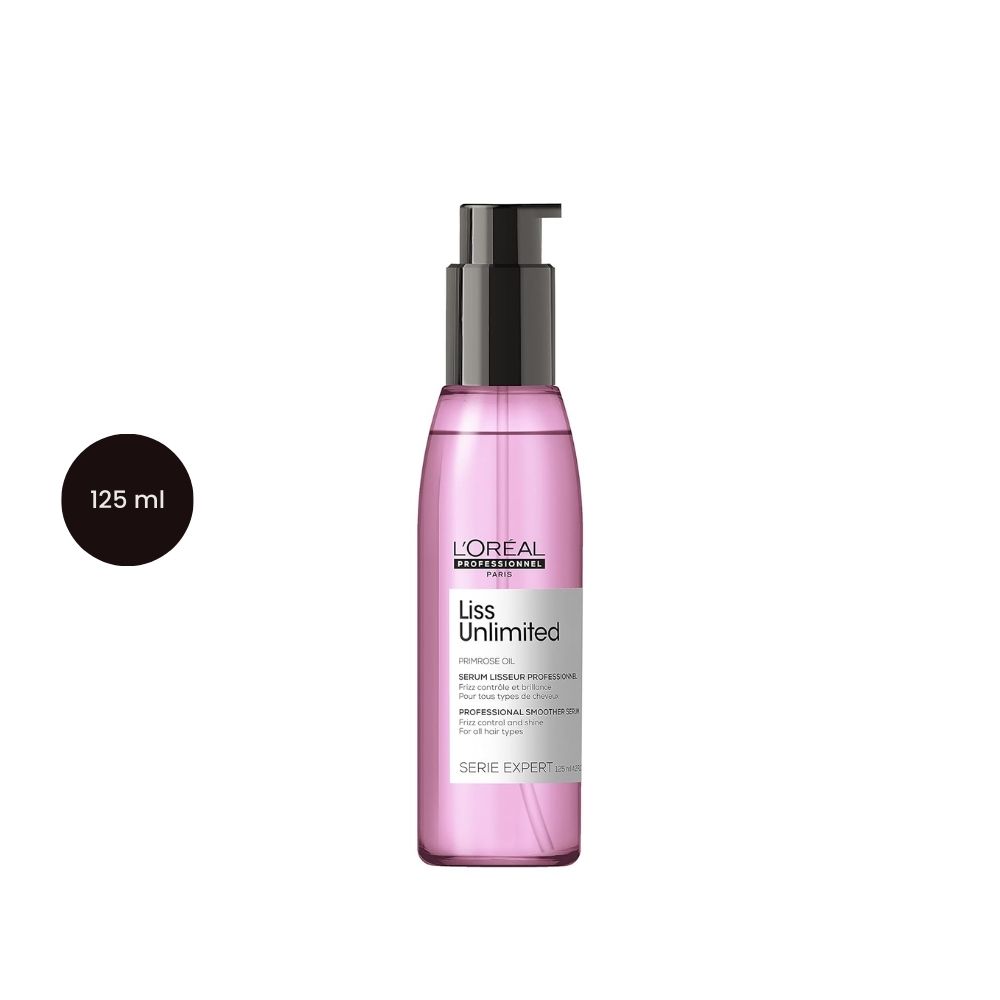 L’Oréal Liss Unlimited 125ml serum bottle with pink liquid and a black pump.