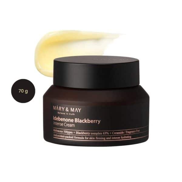 Mary & May Idebenone Blackberry Intense Cream 70g dark jar with a yellow cream smear.