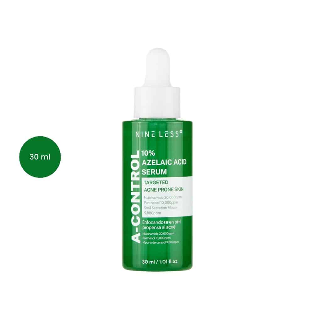 A 30ml green bottle of Nine Less A-Control 10% Azelaic Acid Serum with a white dropper cap.