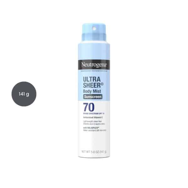 Neutrogena Ultra Sheer Body Mist Sunscreen SPF 70 in 141g spray can with light blue accents.